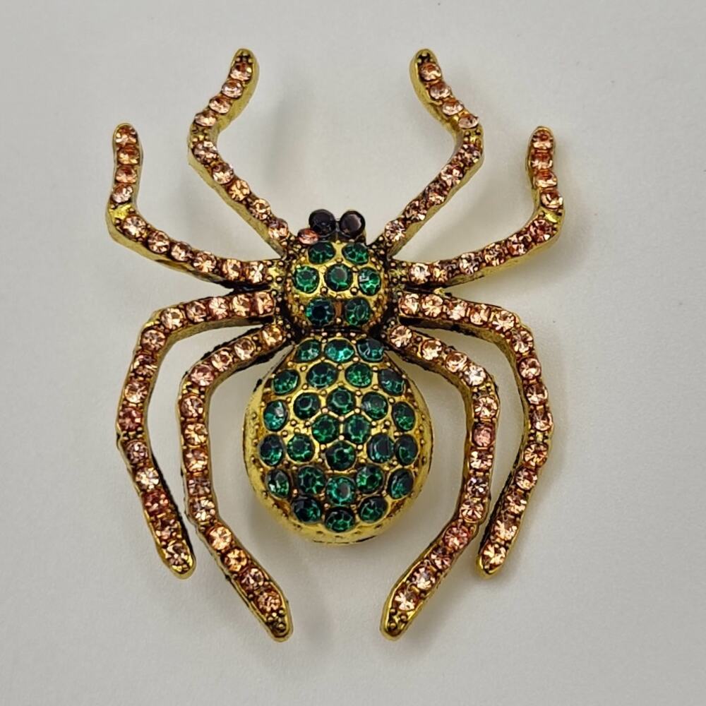 Spider Rhinestone Brooch Green & Light Pink Rhinestones on Gold Tone Metal